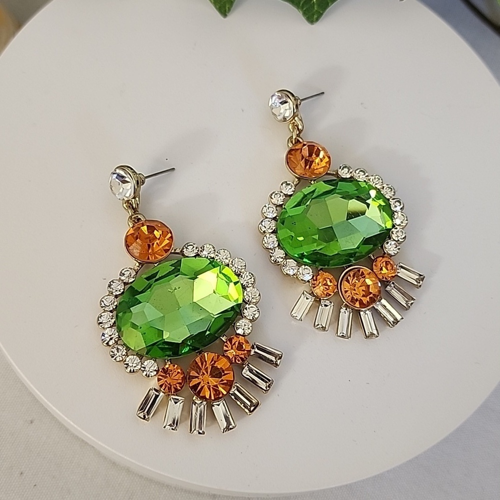 Statement Crystal Orange And Green Drop Earrings